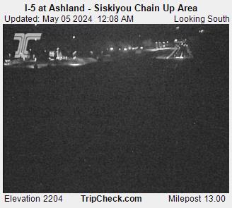 Southbound Interstate 5 Ashland at Siskiyou Summit chain-up area, elevation 2080 feet.  Courtesy Oregon Department of Transportation.