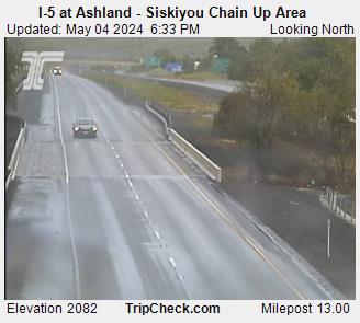 Northbound Interstate 5 Ashland at Siskiyou Summit chain-up area, elevation 2080 feet.  Courtesy Oregon Department of Transportation.